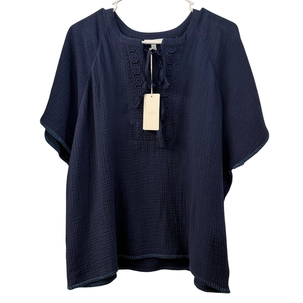 Johnny Was Calme Navy Blue Organic Cotton Gauze Raglan Poncho Top XS NEW